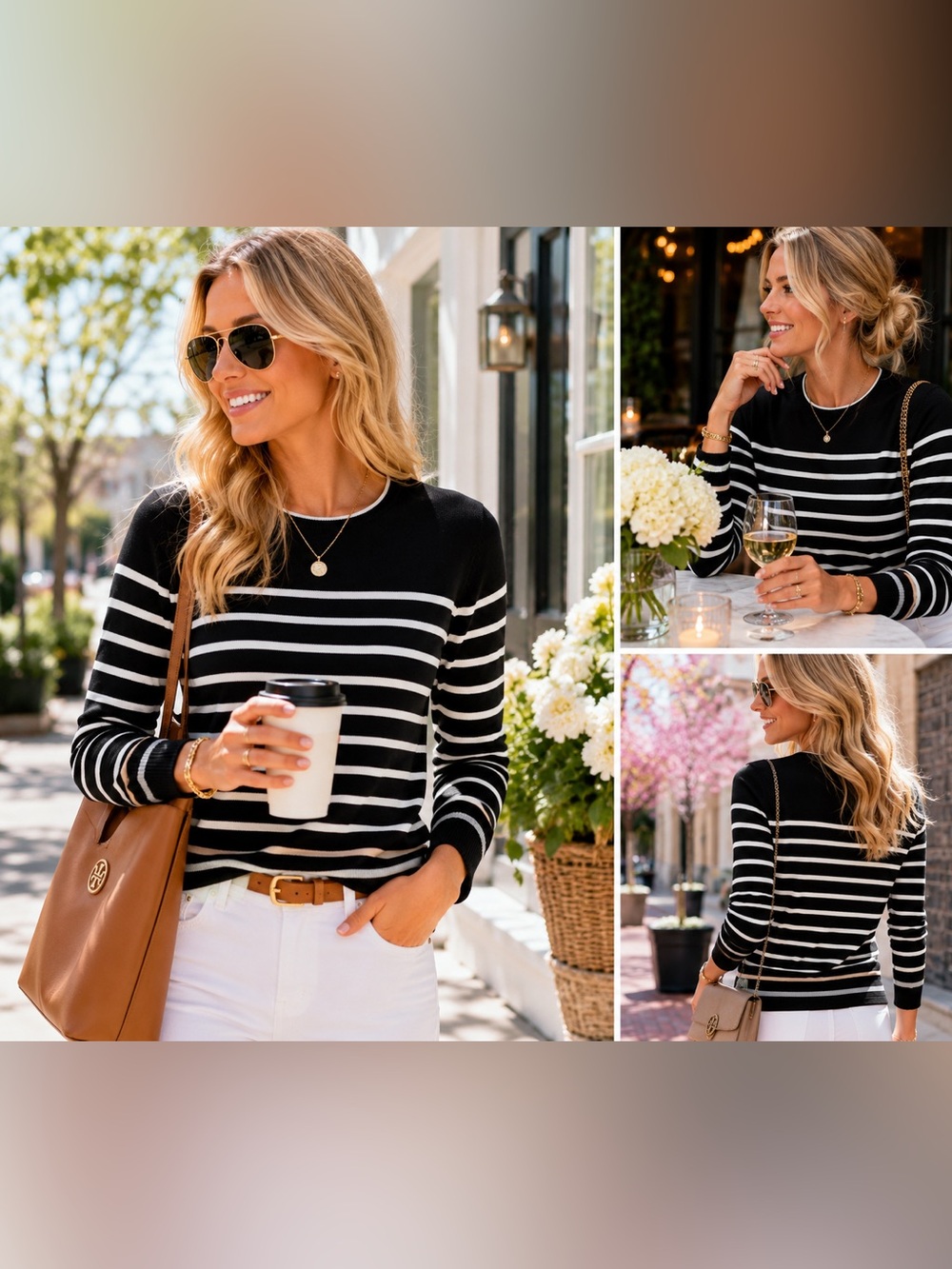 J. McLaughlin Black & White Striped Crewneck Sweater Tee